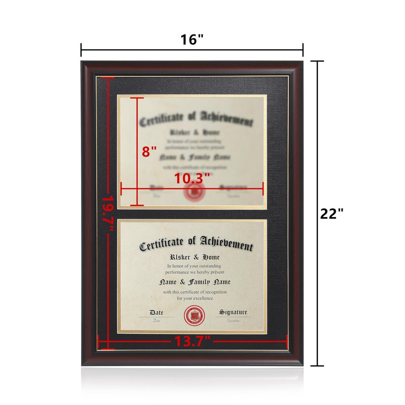 ELSKER&HOME Double Diploma Frames 14x20 for Two 8.5x11 Diplomas, Certificates,Degrees, Documents, Cherry Color Golden Rim for Dual Diploma/Certificate/Document Frame for Two 8.5x11 Inch with Mat - Image 3